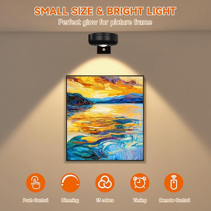 Battery Operated Painting Light, Magnetic Picture Light with Remote Dimmable and Timer, 13 Color RGB Wall Decor Puck Lights,Art Display Light for Picture Frame Paintings 12 White