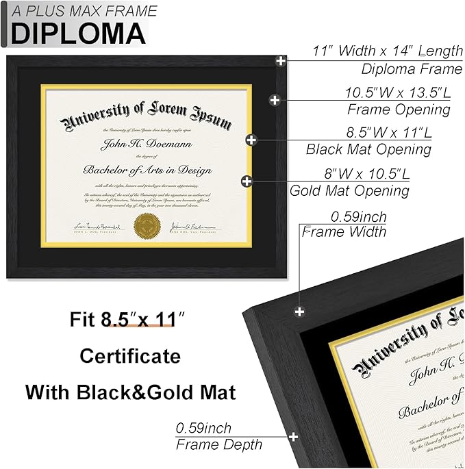 A PLUS MAX 11x14 Diploma Frame Display 8.5 x 11 Certificate with Black & Gold Mat, Engineered Wood Document Frame with Black Wood Grain for Masters Associates Bachelor Degree - 1 Pack