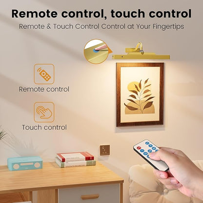 Picture Frame Light, 12" Rechargeable Wireless Battery Powered Lighting, Dimmable LED with Remote 3CCT for Wall Art Gallery Display (Gold)