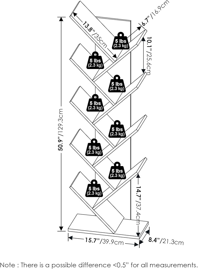 Furinno TREE Book Shelf, 9-Tier Bookshelf, Tree Bookcase with Angled Open Shelf, 8.4