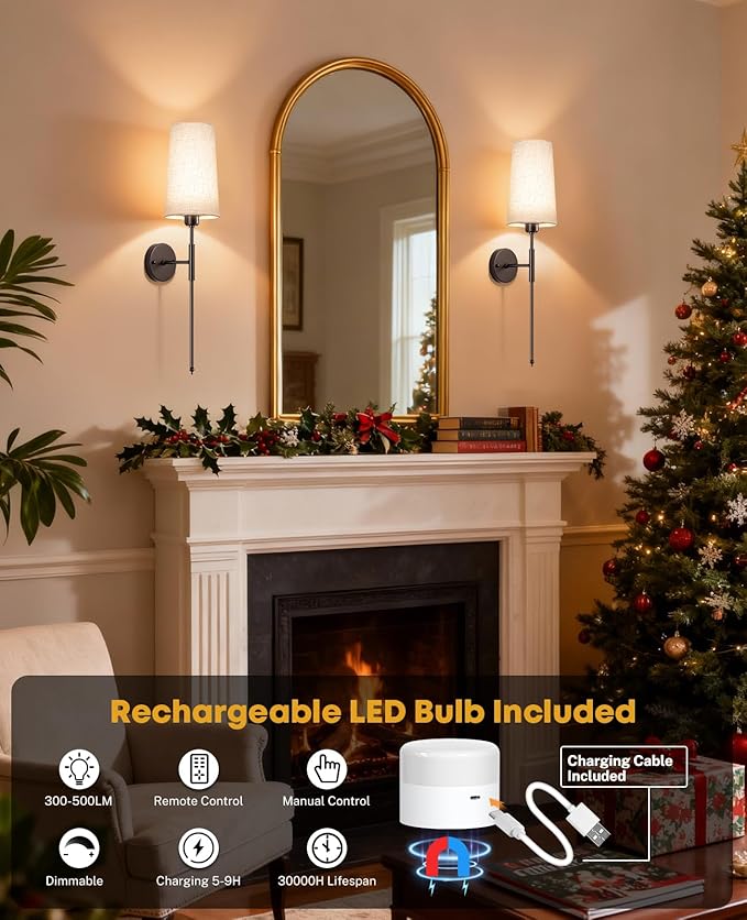 Battery Operated Wall Sconce Set of 2, 13000mAh Rechargeable Battery Powered Sconces with Remote Dimmable Fabric Shade Wireless Sconces Fixture for Bedroom Living Room