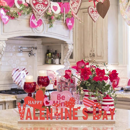 MEETYAMOR Valentines Day Decorations, Wood Metal Happy Valentines Day Sign for Table Decor, Farmhouse Rustic Valentines Day Decorations for Home, Kitchen, Mantle, Shelf