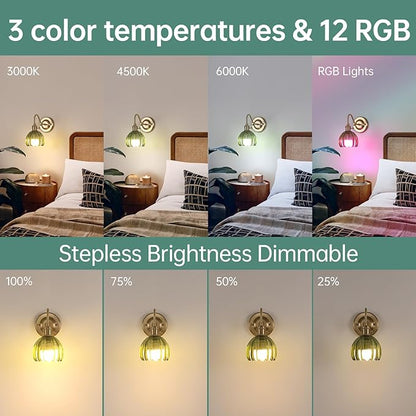 Vintage Battery Operated Wall Sconce, 5000mAh Rechargeable Wall Light, Indoor Battery Powered Wall Lamp for Bedside Bedroom Living Room, Tulip Green