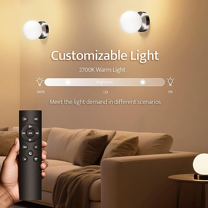 Battery Operated Wall Sconce Set of 2, Dimmable Wireless Brushed Nickel Wall Lamp with 14000mAh Rechargeable Battery, Portables Cordless Wall Light Fixtures for Painting Living Room Bedroom