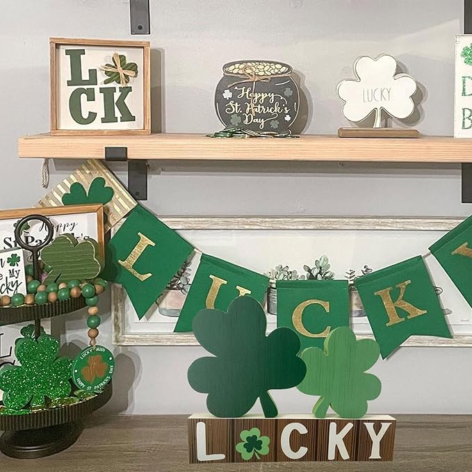 Lucky Wooden Sign St. Patrick's Day Table Decor Shamrock Home Office Table Top Decor Centerpiece Decorations for Tiered Trays Shelf Coffee Bar Mantle Windowsill