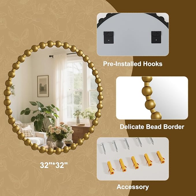 Round Mirror for Wall, 32 Inch Gold Beaded Frame Decorative Vanity Mirror, Circle Bathroom Mirror with High-Definition Lense, Modern Wall Decor for Bathroom, Living Room, Bedroom, Entryway