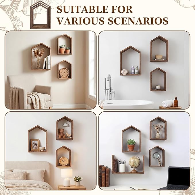 3 Set Wall Shelf 9.8 x 7.1 Inch Wooden Hanging Shelf Deep Display Storage Shelves Floating Shelves for Home Office Room Mini Figures Potted Plants Wall Decor(House,Brown)