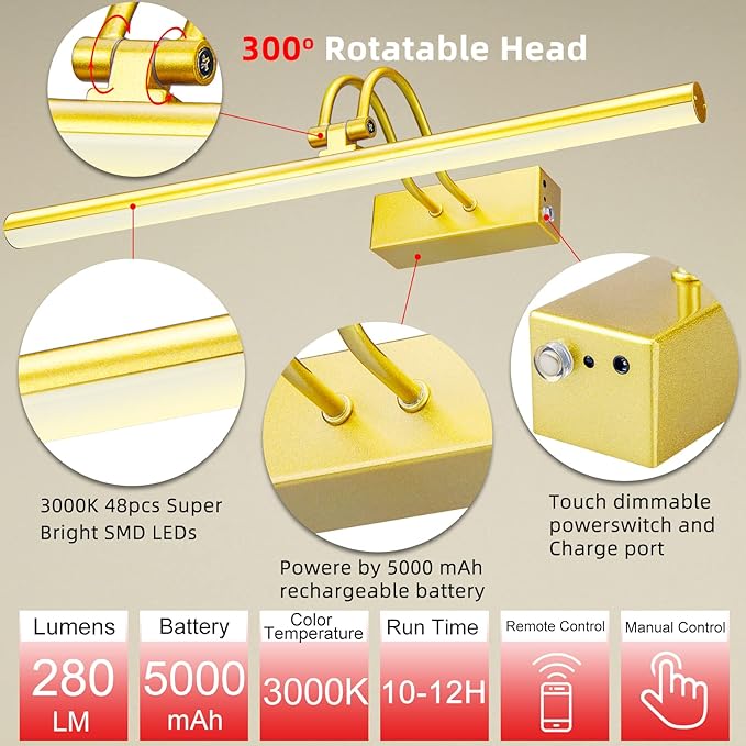 Picture Light,Picture Lights for Wall Cordless,16" Picture Lights with Timer and Dimmable,Battery Wall Lights for Display Gallery Painting Art Frame Portrait-Gold