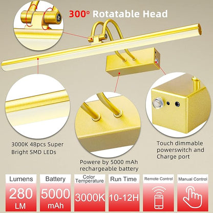 Picture Light,Picture Lights for Wall Cordless,16" Picture Lights with Timer and Dimmable,Battery Wall Lights for Display Gallery Painting Art Frame Portrait-Gold