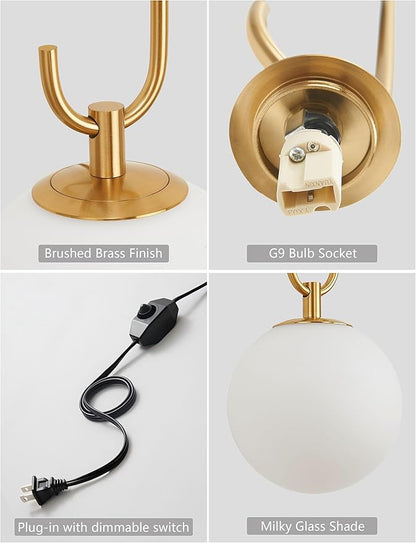 Dimmable Plug in Wall Sconces Set of 2, Modern Globe Wall Light with Rotary Dimmer Switch, Black & Gold Finish with Opal Glass Shade, 7.5Ft Cord & Dimmable G9 Bulb Included for Bedroom Bedside
