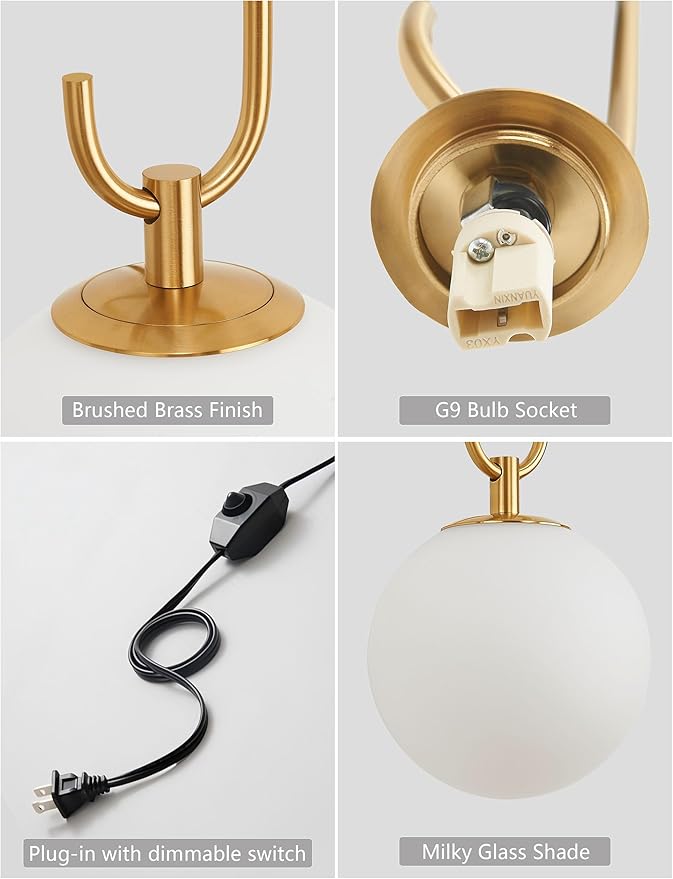 Dimmable Plug in Wall Sconces Set of 2, Modern Globe Wall Light with Rotary Dimmer Switch, Black & Gold Finish with Opal Glass Shade, 7.5Ft Cord & Dimmable G9 Bulb Included for Bedroom Bedside
