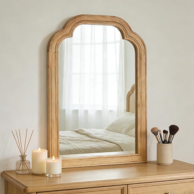 Wood Framed Bathroom Mirror for Wall, 16 x 24 Inch Rustic Wood Frame Wall Mirrors Decorative for Living Room, Vanity, Bedroom, Entryway and Farmhouse, Tempered Glass, Shatterproof