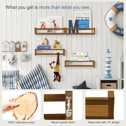 Forbena Walnut Brown Nursery Bookshelf Wall Mounted, Wooden Floating Book Shelves for Wall, Nursery Hanging Bookshelves for Baby Toddlers Kids Room Bedroom (Pine Wood, Walnut Color, 4-Pack)