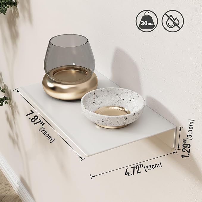 Danpoo Small Floating Shelf for Wall Storage, Mini Display Shelf for Collectibles, Metal Wall Shelf for Bathroom/Living Room/Kitchen/Bedroom(White, 8")