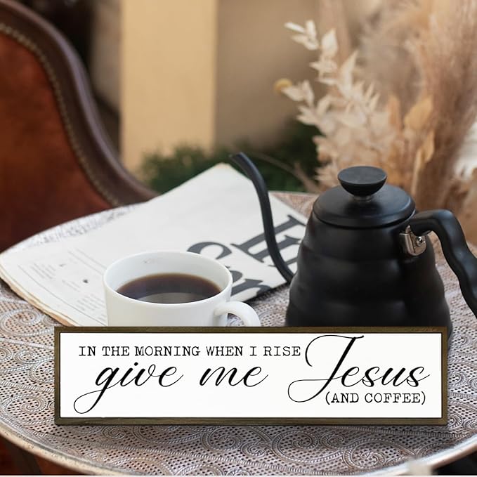 Coffee Wood Sign, Rustic Wooden Hanging Signs, Desk Decor Art, Coffees Lover Decoration for Home Kitchen Bedroom, Coffees Station Decor, When I Rise Give Me Jesus and Coffee Sign, 17.8x4x1.2 inches