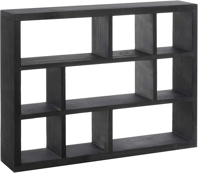MyGift 9 Compartment Vintage Solid Wood Shadow Box, Wall Mountable Curio Display Case, Freestanding or Floating Shelf for Collectible Figurines, Succulents (Matte Black)