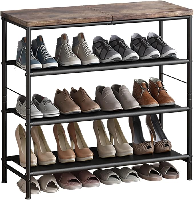 Shoe Rack Organizer 4 Tier Metal Organizer Shelf with Industrial MDF Board and Layer Fabric for Entryway Closet Bedroom Living Room Garage,Black & Rustic Brown (Black+Rustic Brown, 4 Tier)