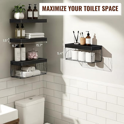 4 Pack Wall Mounted Rustic Wood Floating Shelves with 2 iron Hanging Baskets, Bathroom Shelves Over Toilet, Toilet Paper Storage, Farmhouse Decor Hanging Shelf for Living Room, Kitchen, 16 inch, Black