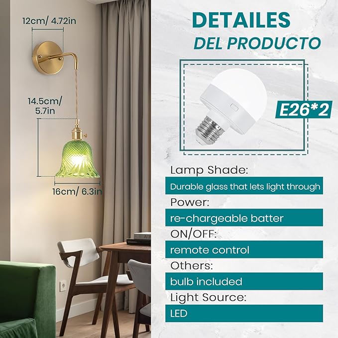 Battery Operated Wall Sconce, Rechargeable Battery Powered Wall Light with Green Glass Lampshade,Wireless Wall sconces with Magnetic RGB Bulbs for Bedroom Living Room Hallway, Wall Decor Set of 2