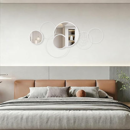 White Wall Mirror Set, 4 Pack Wall Mounted Circle Metal Mirror Round Decorative Modern Mirrors for Living Room Bedroom Entryway Decor 20x40 Inch