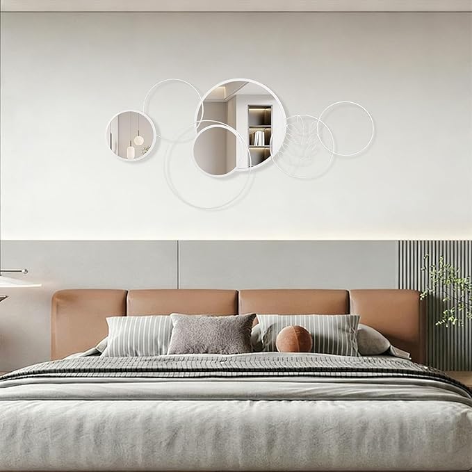 White Wall Mirror Set, 4 Pack Wall Mounted Circle Metal Mirror Round Decorative Modern Mirrors for Living Room Bedroom Entryway Decor 20x40 Inch