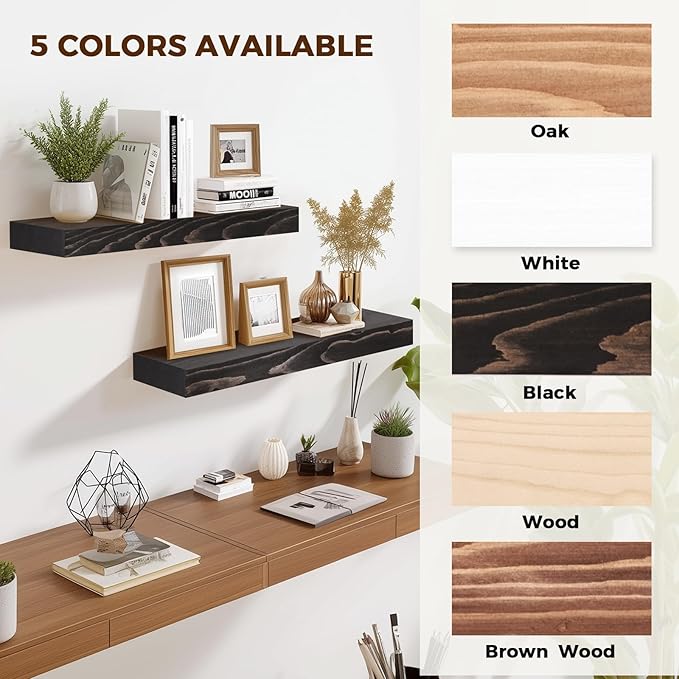 17x8x1.6 inch Floating Shelves Set of 2 – Solid Wood Rustic Black Wall Mounted Shelf for Kitchen, Bathroom, Living Room