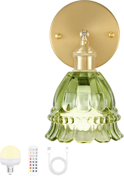 Vintage Battery Wall Sconce with Flower lampshade,Rechargeable Battery Powered Wall Lights,Wall lamp with 15 Colors for Bedroom Living Room Home Decor (Lily Green, 1 Light Battery Operated)