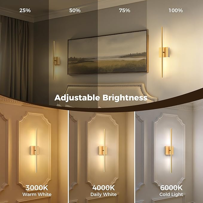L LOHAS LED Battery Operated Wall Sconces Set of 2, Battery Wall Sconce 10000mAh, Gold Rechargeable Sconces 3CCT, 23.7 Inch Wireless Wall Lights, Sconce Wall Decor for Bedroom, Living Room