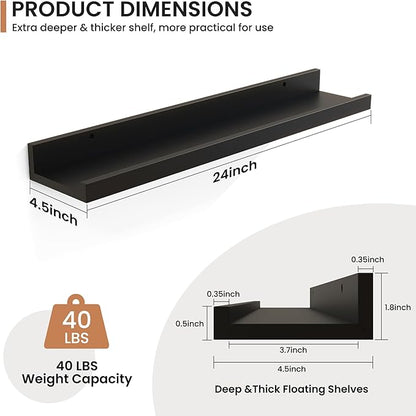 Fun Memories Picture Ledge Shelves Set of 2, 24 Inch Rustic Wall Mounted Floating Shelves with Lip for Home Storage and Décor in Bathroom, Kitchen, Nursery, Bedroom, Living Room, Black