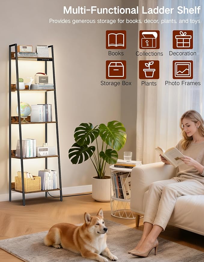 5-Tier Small Ladder Shelf with LED Lights, Touch & Remote Control, 3 Color Temperatures, Dimmable Tall Corner Standing Bookcase, Metal Wood Display Shelf for Living Room, Bedroom