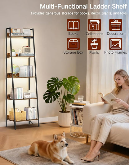 5-Tier Small Ladder Shelf with LED Lights, Touch & Remote Control, 3 Color Temperatures, Dimmable Tall Corner Standing Bookcase, Metal Wood Display Shelf for Living Room, Bedroom