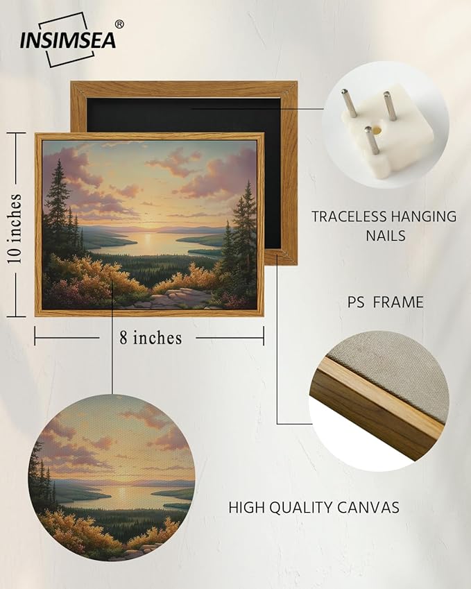 InSimSea Framed Canvas Wall Art, Vintage National Park Art for Living Room Hallway Shelf, 10x8in, Northern Lake Wild Landscape Painting, Rustic Cozy Mid Century Small Nature Decor