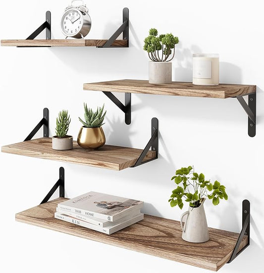 YGEOMER 4 Pack Wall Shelves Floating Shelves for Bedroom, Bathroom Storage, Living Room and Kitchen Farmhouse Decor(Different Sizes)
