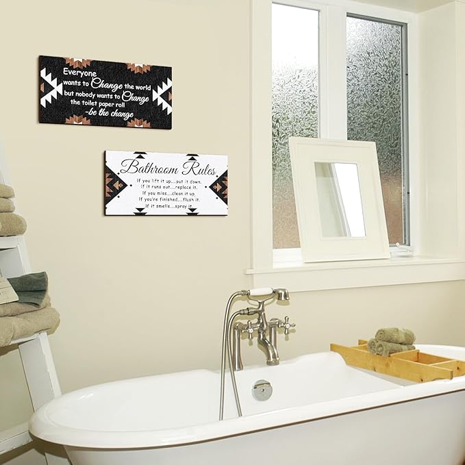Jetec 2 Pieces Funny Bathroom Signs Bathroom Wall Decor Toilet Wall Accessories Farmhouse Toilet Rustic Wooden Signs, 12x6 Inch(Boho Style)