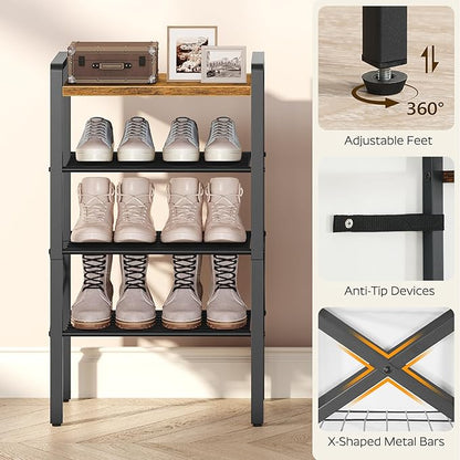 4-Tier Narrow Shoe Rack, Tall Shoe Rack for 4-8 Pairs, Slim Shoe Storage Organizer with Wooden Top, Space Saving, Metal Frame, for Entryway, Rustic Brown and Black SS64BR