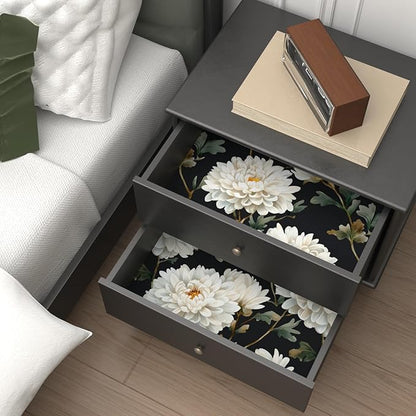 Black White Floral Peel and Stick Wallpaper Chrysanthemum Contact Paper 17.5" × 118" Waterproof Vinyl Self Adhesive Vintage Dark Flower Wall Paper for Bedroom Walls Cabinet Locker Decor