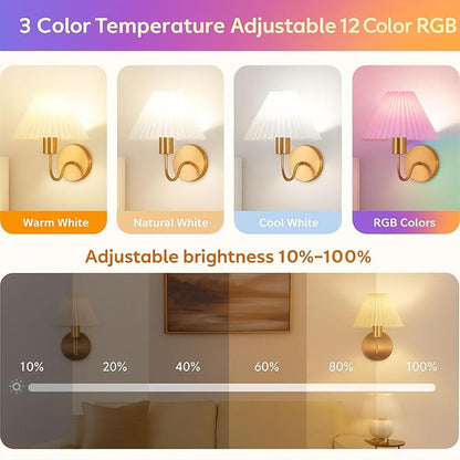 Cordless Wall Sconces Set of 2 with Remote — Gold Pleated Shades Cordless Rechargeable E26 Bulbs, 12 RGB Colors + 3000K/4000K/6000K, Dimmable Wall Mounted Lamps for Bedroom Living Room Hallway