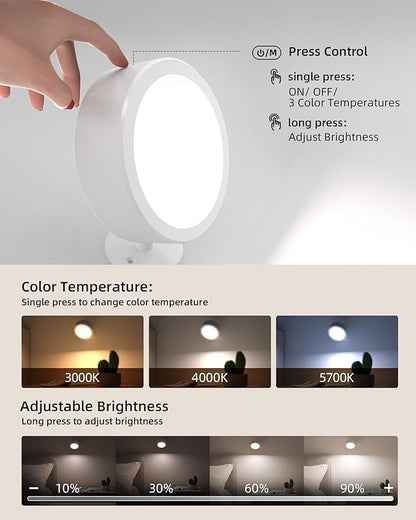 EZVALO LED Wall Mounted Light, 3000mAh Rechargeable Cordless Wall Sconce, Dimmable with Remote & Touch Control, 3 Color Temps, 360° Rotatable for Bedroom, Bedside, Reading(White, 2Pack)