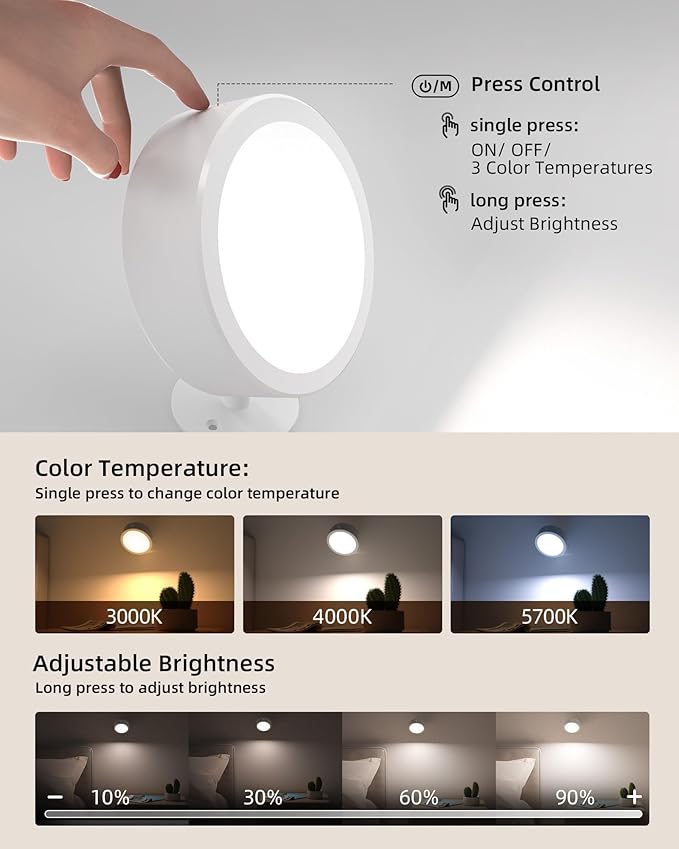 EZVALO LED Wall Mounted Light, 3000mAh Rechargeable Cordless Wall Sconce, 3 Color Temperatures, Dimmable with Remote & Touch Control, 360° Rotatable for Bedroom, Bedside, Reading, Study (White)
