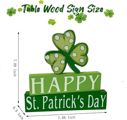 Happy St. Patrick's Day Wood Block Table Sign, Wooden Shamrock Table Top Decorations Tiered Trays Desk Shelf Irish Home Office Coffee Bar Decor 3 Pieces Green