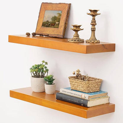 Marsmiles 24 Inch Wood Floating Shelves | Rustic Honey Oak Wall Shelves Set of 2 | 24" W x 7.7" D x 1.6" H Wooden Shelves for Bathroom Living Room Kitchen