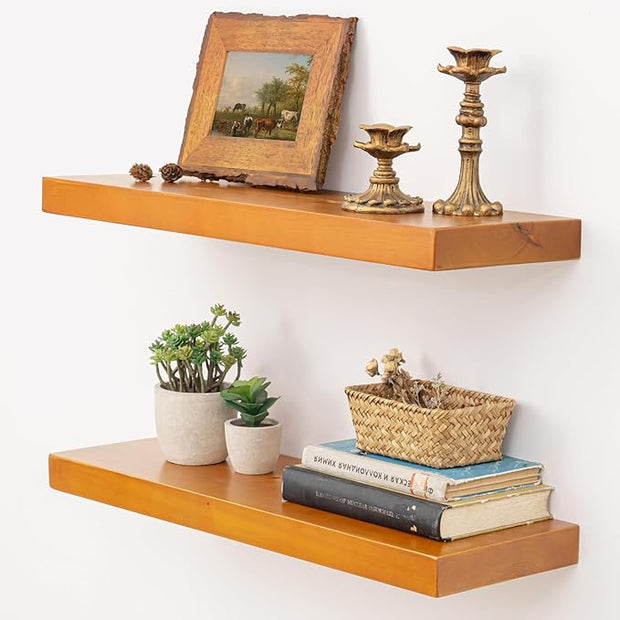 Marsmiles 24 Inch Wood Floating Shelves | Rustic Honey Oak Wall Shelves Set of 2 | 24" W x 7.7" D x 1.6" H Wooden Shelves for Bathroom Living Room Kitchen