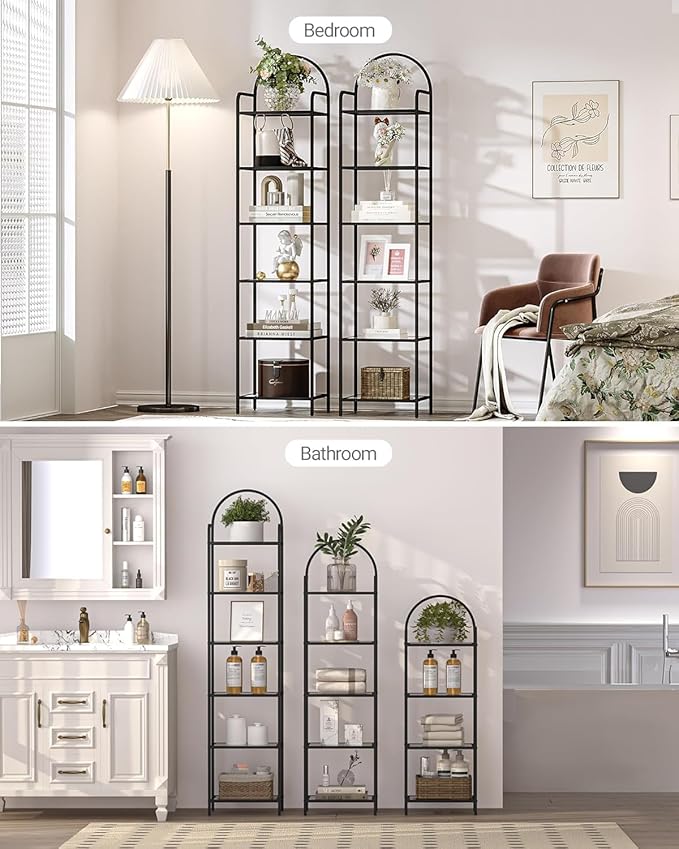 Bookcase Bookshelf, Tempered Glass Bookshelves, Slim Shelving Unit for Bedroom, Bathroom, Home Office, Steel Frame, 6 Tier Black BC10601B