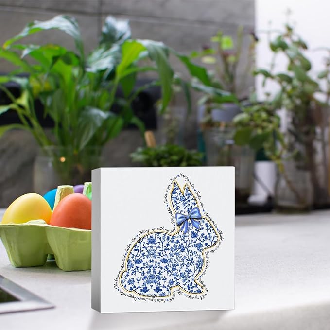 Happy Easter Sign Easter Table Decor Bunny Decor Blue And White Chinoiserie Decor Wooden Box Sign for Home Office Bedroom Living Room Desk Shelves