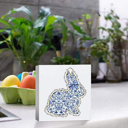 Happy Easter Sign Easter Table Decor Bunny Decor Blue And White Chinoiserie Decor Wooden Box Sign for Home Office Bedroom Living Room Desk Shelves