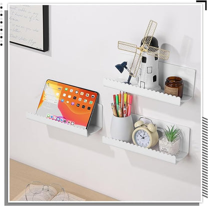 2 Pack Acrylic Wall Floating Shelves, White Adhesive Organizer, 11.8“ Acrylic Floating Bookshelves, Wall Display Shelve for Bedroom, Gaming Room, Living Room, Bathroom, Office