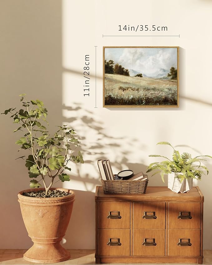 SHENIFY Vintage Landscape Framed Canvas Wall Art Grassland Classic Paintings Farmhouse Bathroom Office Decor - 11x14in Natural Framed