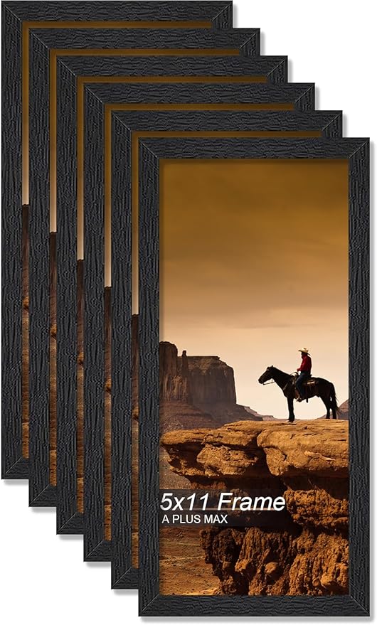 A PLUS MAX 5x11 Picture Frame Set of 6, Black Engineered Wood Frame for 5 x 11 Inch Picture Poster Photo, Light Weight 5 by 11 Frame with Wood-grain for Wall - 6 Pack/Black/5"x11"