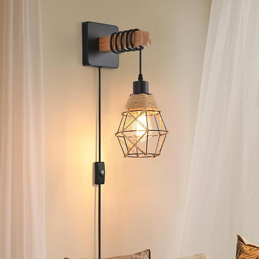 Rustic Wall Sconces Fixtures with Plug in Cord, Set of Two Indoor Vintage Rattan Wall Light Industrial Lamp Fixture Farmhouse Metal Sconces Light for Bedroom Bedside Living Room