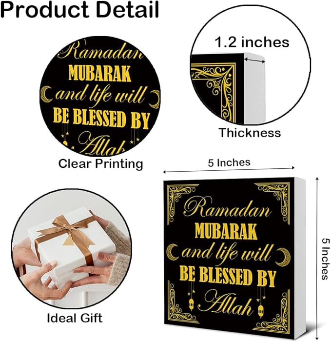 Ramadan Decorations - Islamic Decor - Ramadan Mubarak Wooden Sign Home Office Living Room Bedroom Kitchen Bathroom Desk Table Shelf Wall Decor - 5 x 5 Inches
